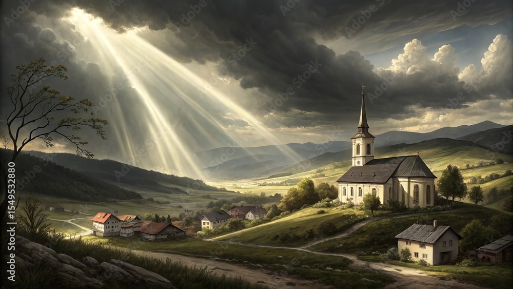 Fototapeta premium Dramatic rays of sunlight stream through stormy clouds, illuminating a countryside church surrounded by rolling hills and village homes.