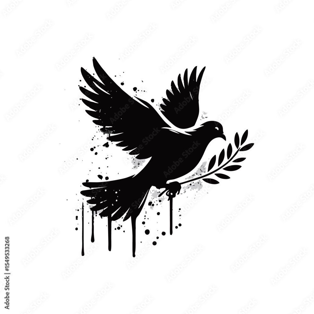 Fototapeta premium Pigeon olive branch Silhouette Grunge Splatter and Dripping Spray Effects