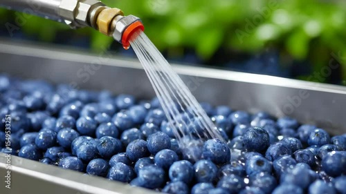 Wallpaper Mural Freshly Harvested Blueberries Being Washed in Stainless Steel Container with Clean Water Flow Torontodigital.ca