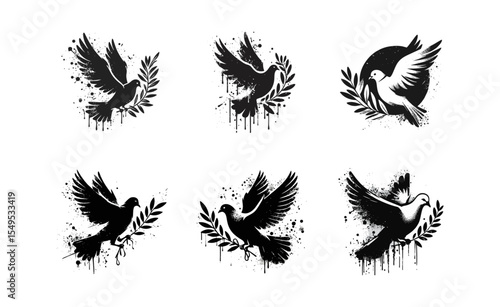 Pigeon olive branch Silhouette Grunge Splatter and Dripping Spray Effects