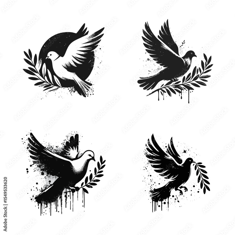 Obraz premium Pigeon olive branch Silhouette Grunge Splatter and Dripping Spray Effects