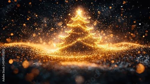 Sparkling golden christmas tree design on a dark background.
