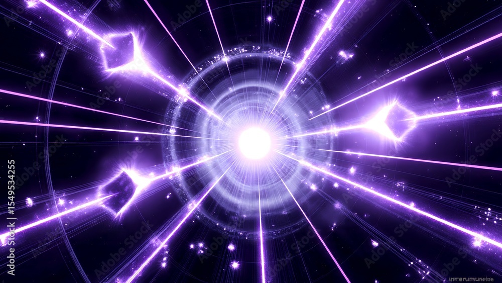 Obraz premium A bright white light emits purple beams and geometric shapes, creating a futuristic, cosmic energy effect in a dark space with circular grid patterns.