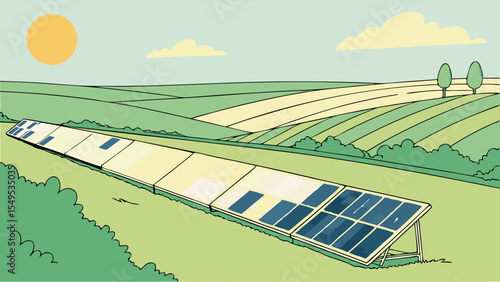 Solar Panels in a Field Renewable Energy Landscape Illustration.