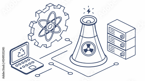 Futuristic Illustration of Nuclear Power Plant Atom and Data Storage.