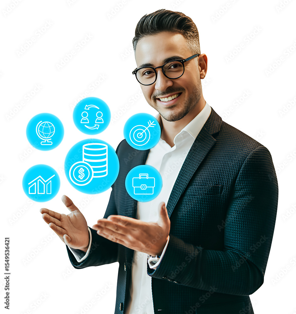 Confident Businessman Presenting Business and Finance Icons on Transparent Background Confident Businessman Presenting Business and Finance Icons on Transparent Background