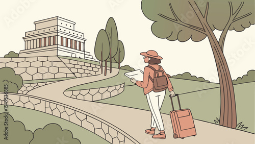 Journey to History: An illustrated depiction of a traveler confidently navigating a stone pathway towards an ancient monument, a blend of history and exploration.