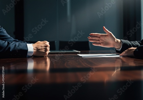 Business conflict shown by a clenched fist versus an open hand during a tense negotiation in a boardroom. Concept for disputes, pressure, and deal-making.