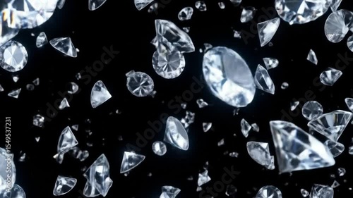 Diamonds Falling Shiny Crystal Precious Gems Glittering on a Black Background
