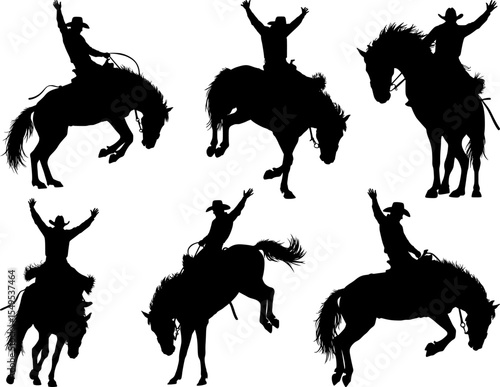 Rodeo cowboy silhouettes collection with bronco riding horseback action poses black western sport figures for americana design
