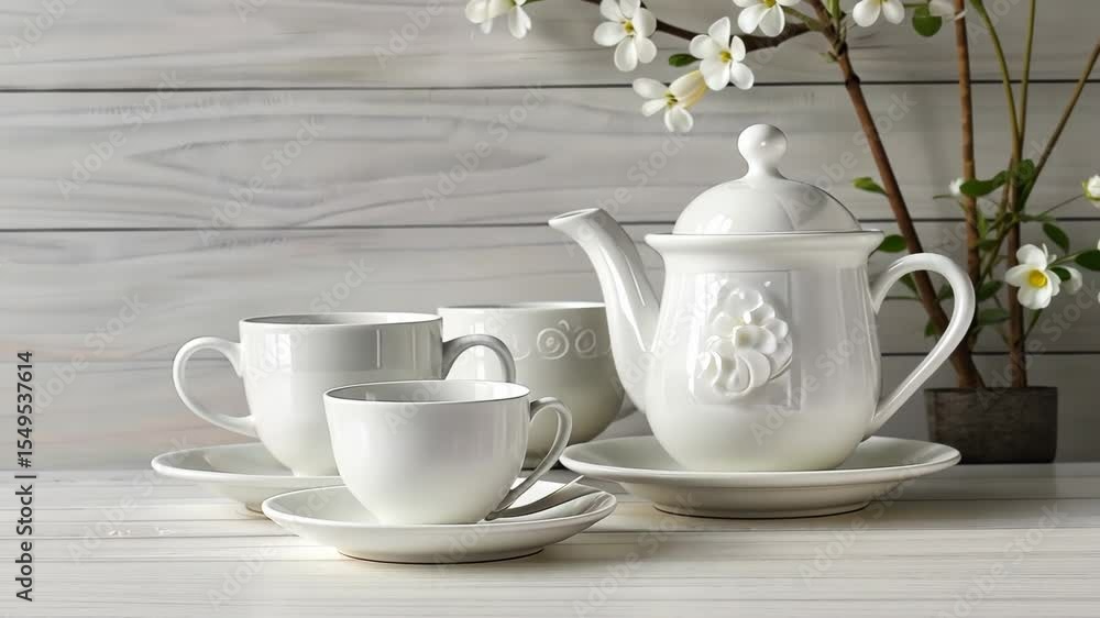 Delicate white tea set beautifully displayed with fresh flowers, creating a calming and serene ambiance perfect for tea time Delicate white tea set beautifully displayed with fresh flowers, creating a calming and serene ambiance perfect for tea time