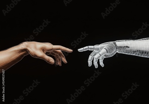 Human and robot hands recreating The Creation of Adam. A concept of AI, digital transformation, the future of humanity, and the connection between man and machine.