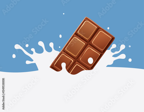Modern flat style image of creamy milk eruption around classic nine square chocolate slab dynamic motion captured while upper canvas remains spacious clear for promotional text