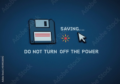Nostalgic 90s Computer Save Screen Wallpaper. Retro Pixel Art of a Floppy Disk with a 'Do Not Turn Off Power' Warning.