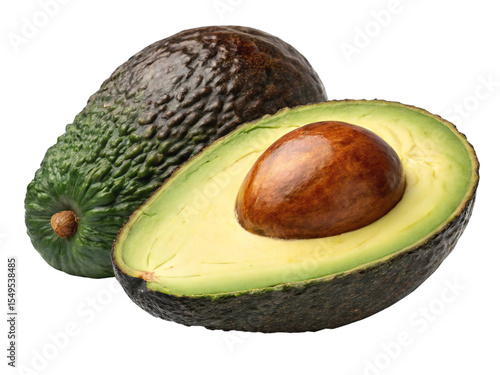 Whole and halved ripe avocado with seed isolated on transparent background
