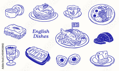 English cuisine doodle illustration hand drawn sketch - collection set
