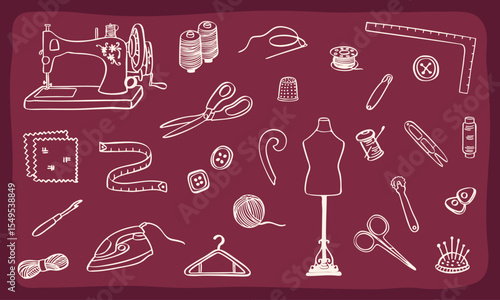 vector of tailor sewing tools doodle sketch illustration set