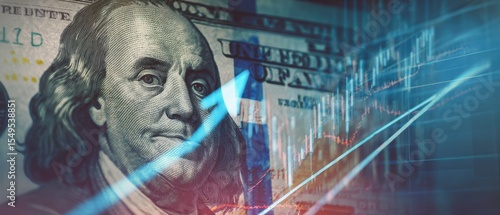 The Benjamin Franklin portrait on a hundred-dollar bill with financial graphs.