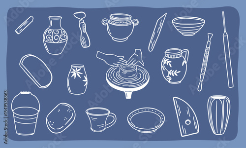 vector illustration of pottery - doodle sketch hand drawn - collection set