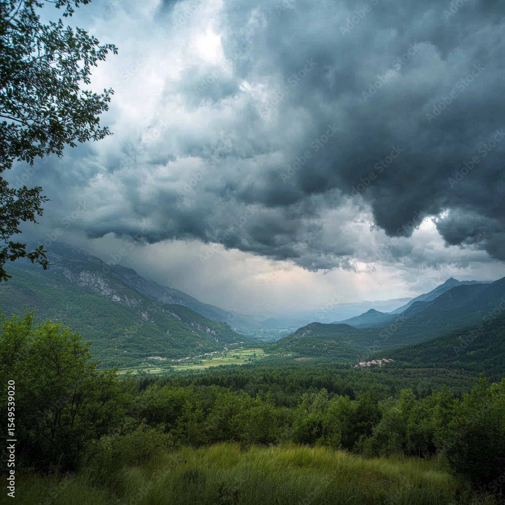 Obraz premium Scenic Mountain Landscape Under Dramatic Cloudy Sky with Valley