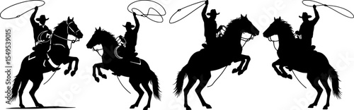 Western cowboys riding rearing horses with lassos sequence black rodeo silhouettes action poses for americana ranch design elements collection