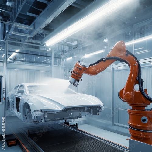 Robotic Arm Applying Coating to Car Body in Automated Workshop