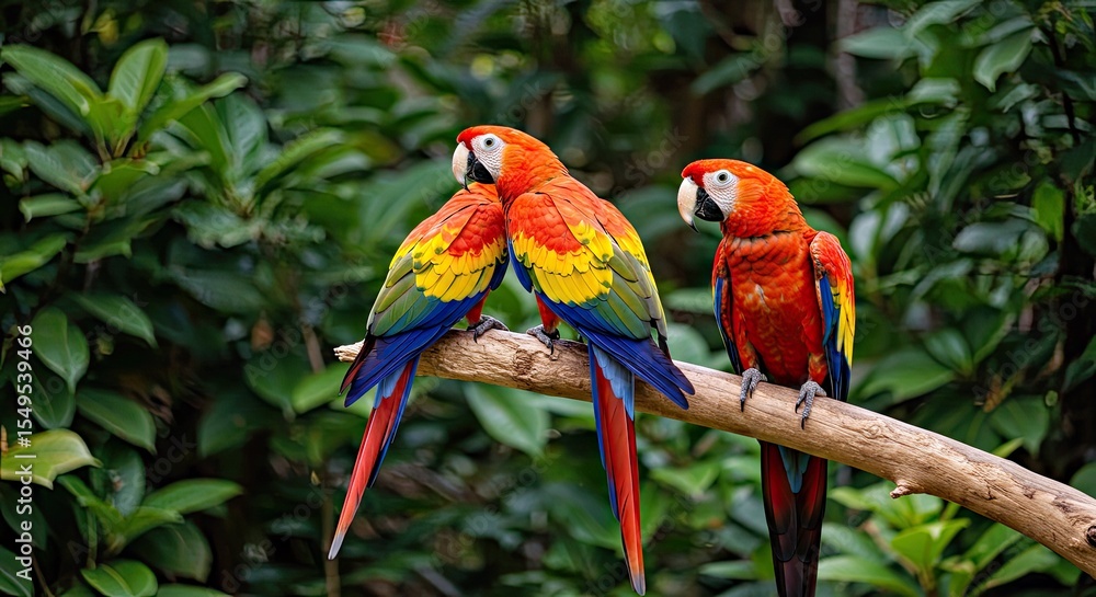 Obraz premium Vibrant Tropical Parrots Perched on a Branch in Jungle