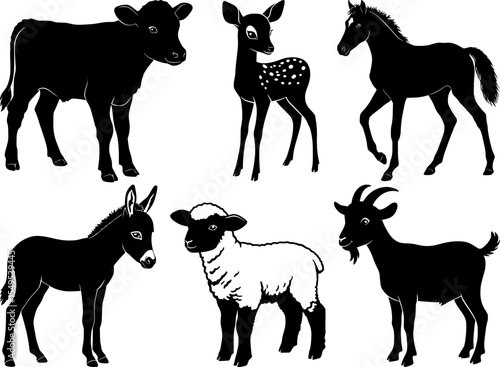 Adorable set of farm baby animal silhouettes collection with calf spotted deer horse donkey sheep and goat kid black livestock wildlife design elements set