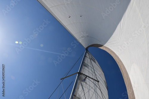 Majestic Sail Against a Bright Blue Sky: A Dynamic Perspective of Sailing Adventures