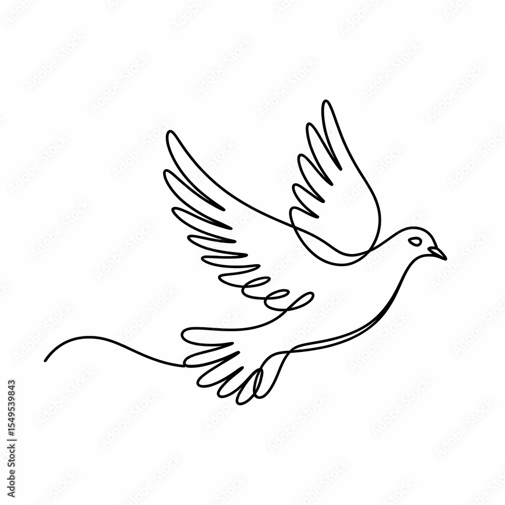 Fototapeta premium Simple line drawing of a dove in flight with wings spread on a white background in minimalist style
