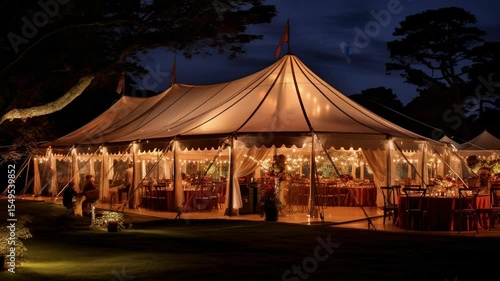 Elegant outdoor evening wedding reception in majestic illuminated tent