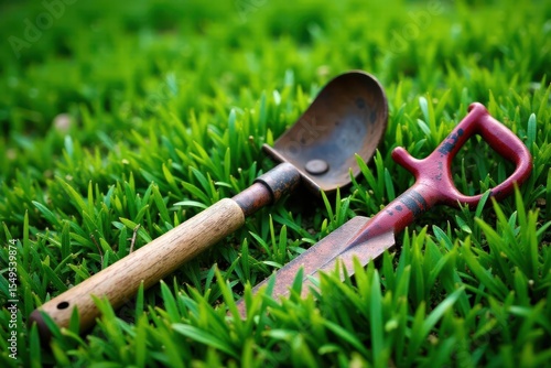 Old weathered gardening tools rest on lush green grass, hoe, equipment