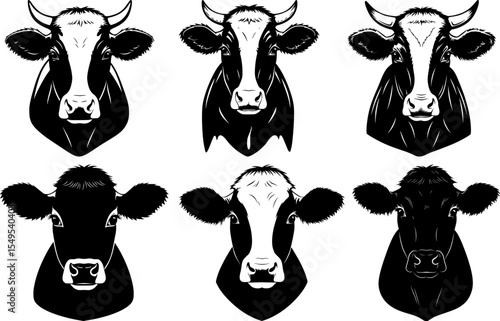 Dairy cow and bull head collection frontal view with black and white holstein dairy cattle faces silhouettes for farm agricultural design elements set