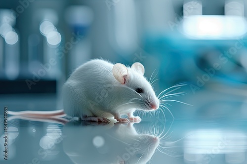 High Detail Picture of White Mouse on Table in Bio Lab with Blurred Background