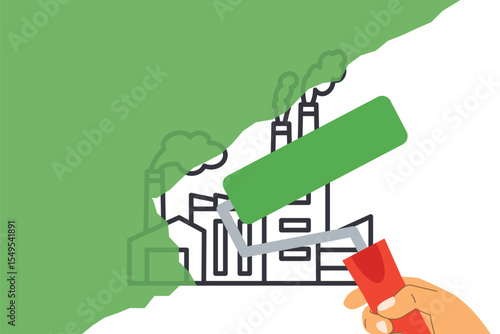 factory being painted green concept of greenwashing- practice where companies pretend to be environmentally friendly while their actions actually harm the environment