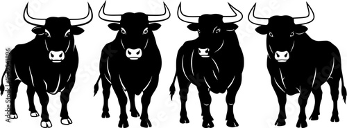 Four bull lineup silhouettes with horns frontal view standing pose black cattle livestock figures for western ranch agricultural design elements