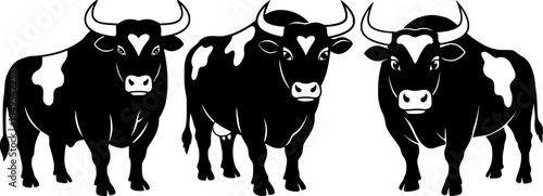 Three bulls with horns standing together frontal view black cattle livestock silhouettes powerful farm animals for western ranch design elements