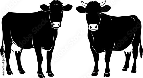 Two cows standing black cattle silhouettes pair of farm livestock figures for agricultural design elements collection