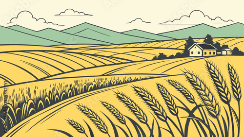 Rural Farmhouse nestled in golden wheat fields and rolling hills.