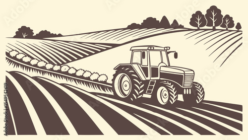 Tractor Plowing a Field with Trees and Rolling Hills.