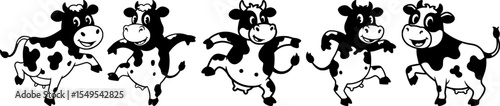 Playful dancing holstein cows with black and white spots cute cartoon cattle characters for children farm animal design elements