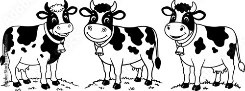 Adorable holstein cows with bells standing playfully in black and white spots cute cartoon cattle characters for children farm animal design elements