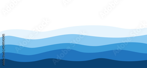 Blue ocean or sea layered waves with various shades effect. Ideal for beach designs template. Vector water art background for sale banners or summer promotional with smooth flowing wave clip pattern.