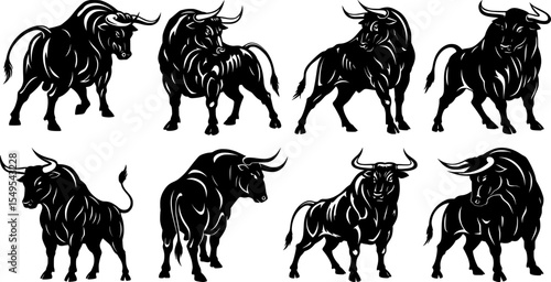 Fierce charging bulls collection with horns dynamic aggressive poses black cattle silhouettes powerful livestock western design elements set