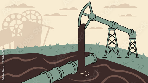 Cartoon oil pumpjack extracting crude oil into a pipeline illustration.