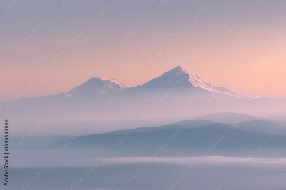 Naklejka premium breathtaking view of mount mustagh enveloped in fog during sunset serene atmosphere