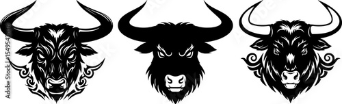 Intense collection of bull head with horns silhouettes black aggressive cattle face designs for western ranch logo branding elements collection