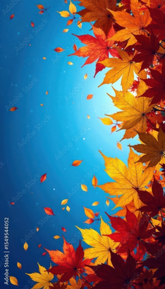 Vibrant blue sky canvas with swirling descent of colorful autumn leaves , birch, tree, scenic Vibrant blue sky canvas with swirling descent of colorful autumn leaves , birch, tree, scenic