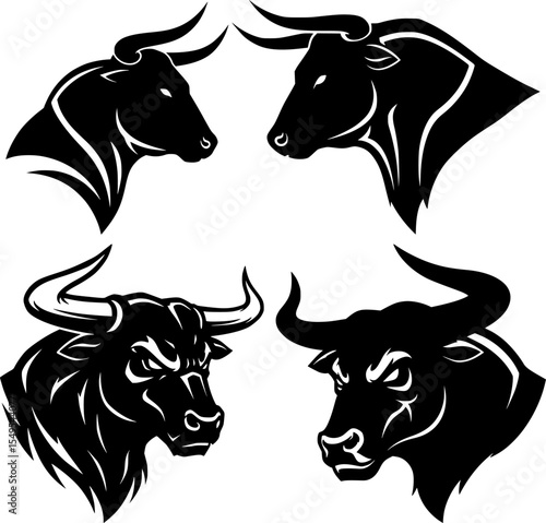 Bull head collection with horns black silhouettes in various expressions emphasizing power and aggressive cattle designs for ranch elements set