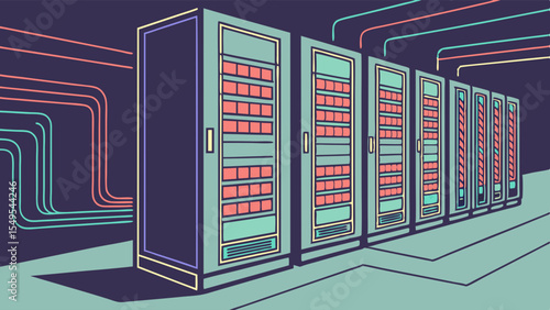 Cartoon illustration of a row of server racks with colorful lines.